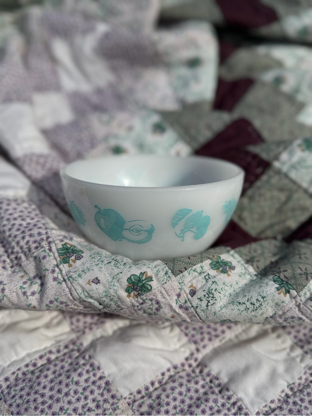 Vintage federal White Glass Serving Bowl with Aqua Fruit Motif